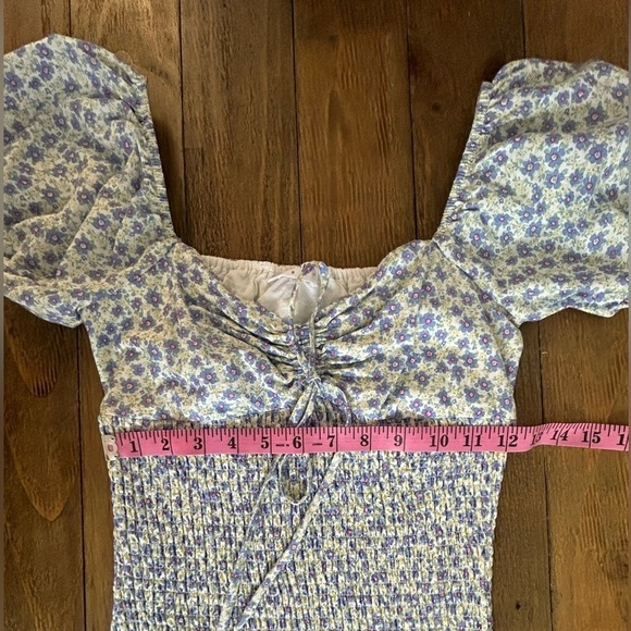 STORIA Smocked Bodycon Ditzy Floral Purple Green Mini Dress Puffy sleeves - Picture 6 of 9